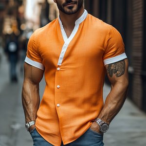 Men's Spring Vintage Fashion Slim Stand Collar Cotton And Linen Short Sleeve Shirt