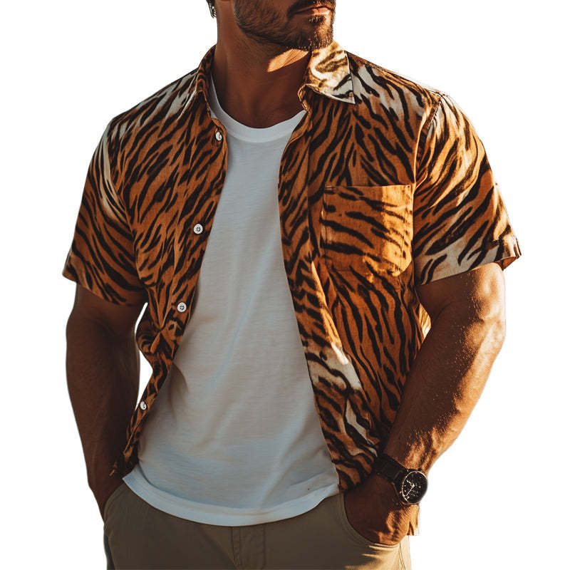 Camisa informal de verano con estampado de tigre para hombre