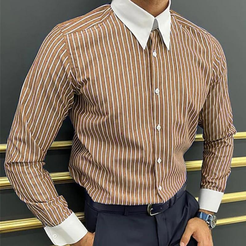 Camisa informal de manga larga con solapa y bloques de color a rayas para hombre