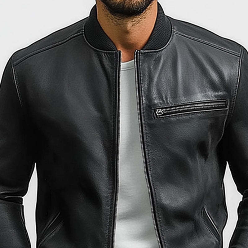 Men's Spring And Autumn Pure Black PU Leather Jacket