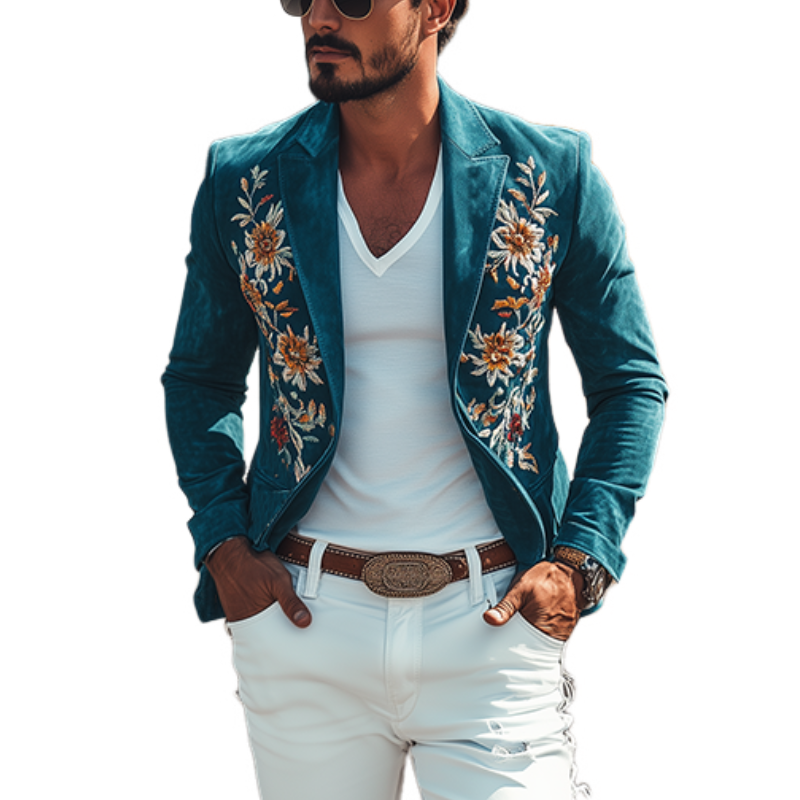 Blazer clásico retro informal de corte entallado estilo occidental de ante bordado para hombre