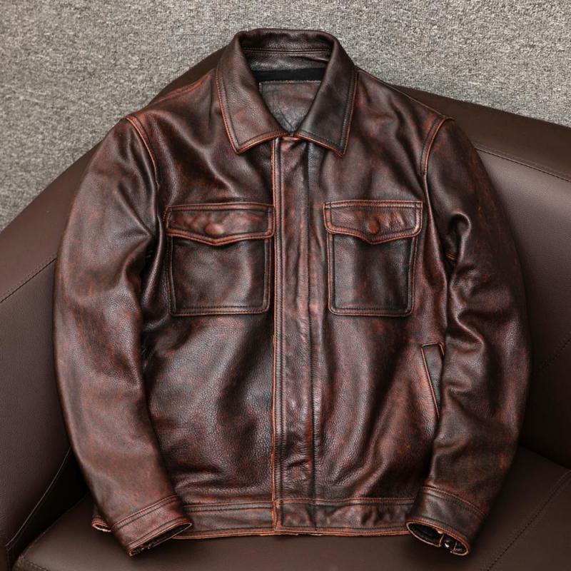 Herren-Lederjacke mit Vintage-Revers und doppelter Brusttasche