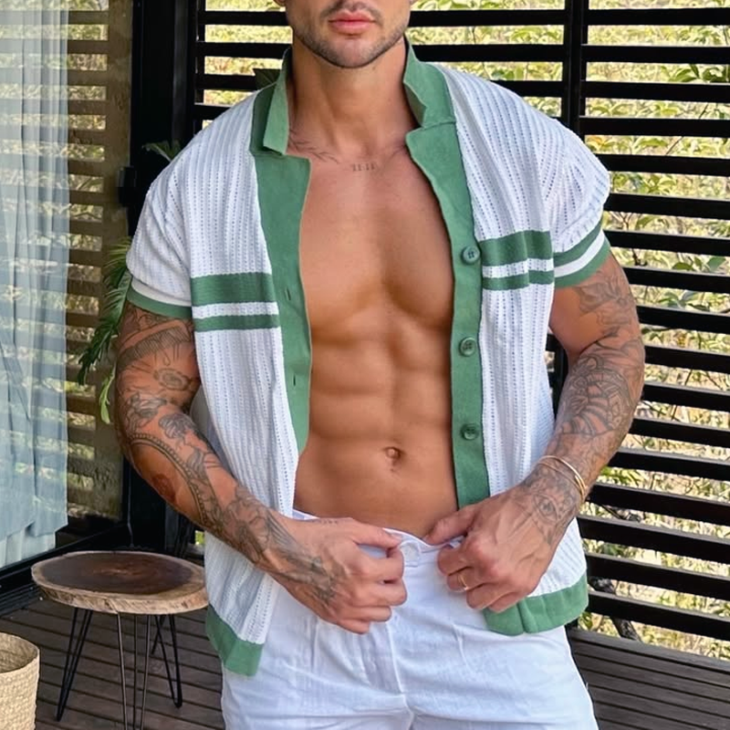 Men's Knit Striped Notch Lapel Single Breasted Short Sleeve Polo Shirt MTA0812D4Z