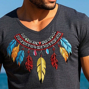 Camiseta de manga corta de mezcla de algodón con bordado de plumas para hombre