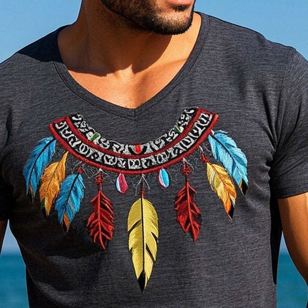 Men's Cotton Blend Feather Embroidered Short Sleeve T-Shirt