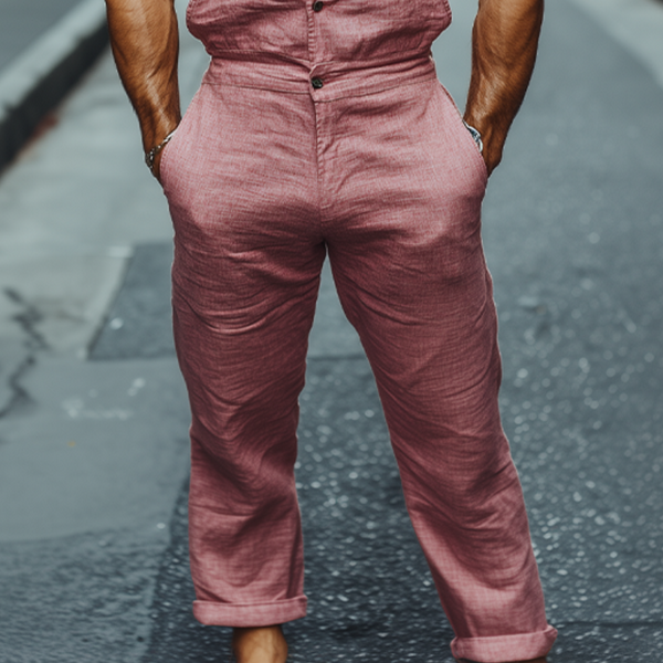 Men's Spring And Summer Fashion Casual Deep V-Neck Cotton And Linen Tank Top Pants Jumpsuit