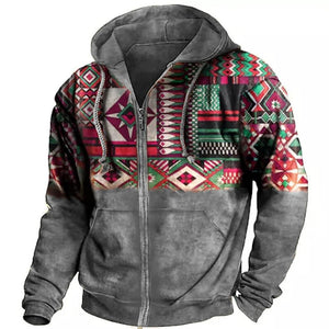 Men's Retro Casual Ethnic Style Geometric Print Zipper Hoodie