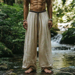 Pantalones casuales rectos y holgados de algodón y lino con cinturón vintage para hombre