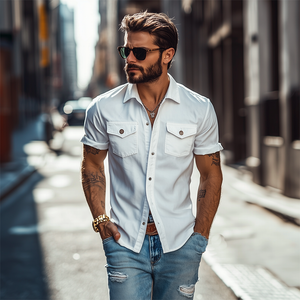 Klassisches, lässiges, einfarbiges Slim-Fit-Hemd mit mehreren Taschen und kurzen Ärmeln für Herren
