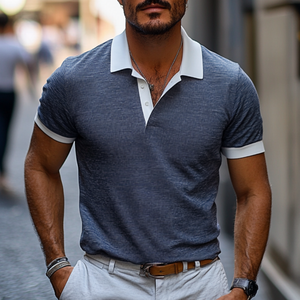 Polo informal de manga corta de algodón y lino con solapa y bloques de color para hombre