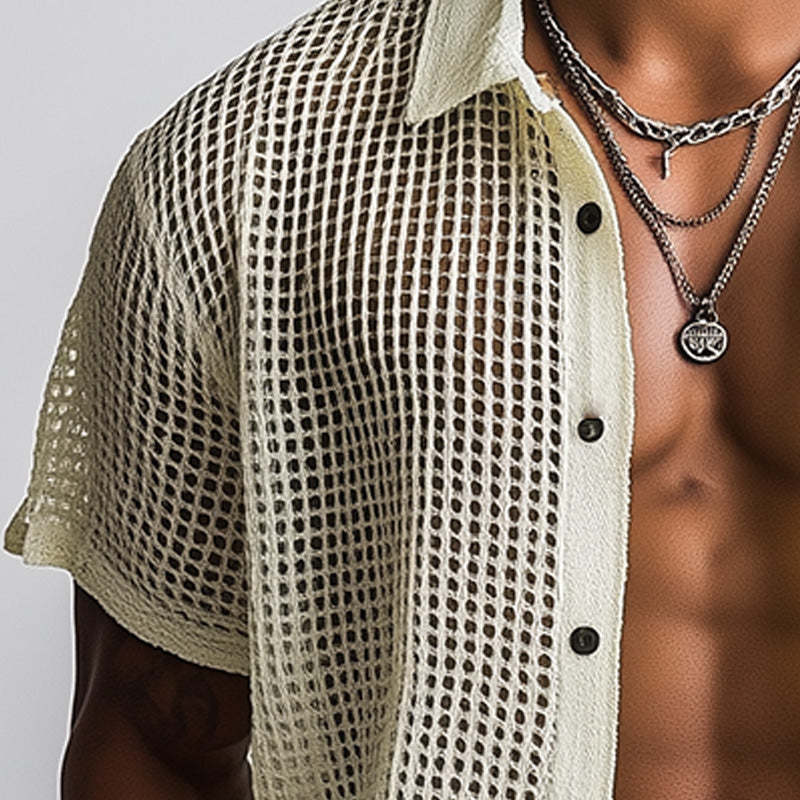 Camisa de manga corta hueca tejida de moda de primavera para hombre