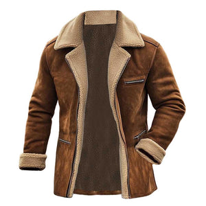 Chaqueta de abrigo vintage de ante y piel de oveja con cremallera, bolsillo, forro polar, lana, cuello invertido, longitud media para hombre