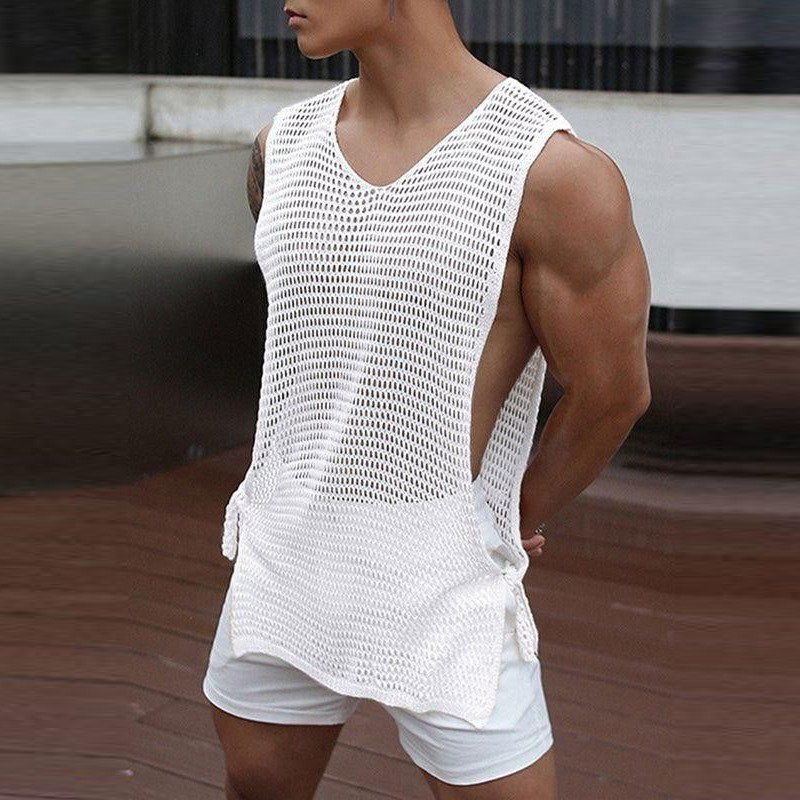 Camiseta sin mangas de punto transpirable, hueca, con cuello redondo, informal, para hombre