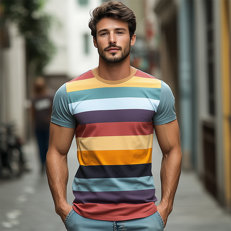 Lässiges Herren-T-Shirt aus Baumwolle mit Rundhalsausschnitt und schmaler Passform und horizontalen Streifen