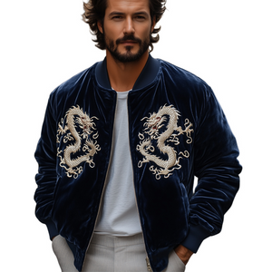 Chaqueta de terciopelo con bordado de dragón vintage azul marino para hombre