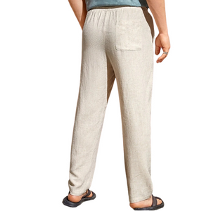 Pantalones rectos casuales de algodón y lino con cintura elástica para hombre