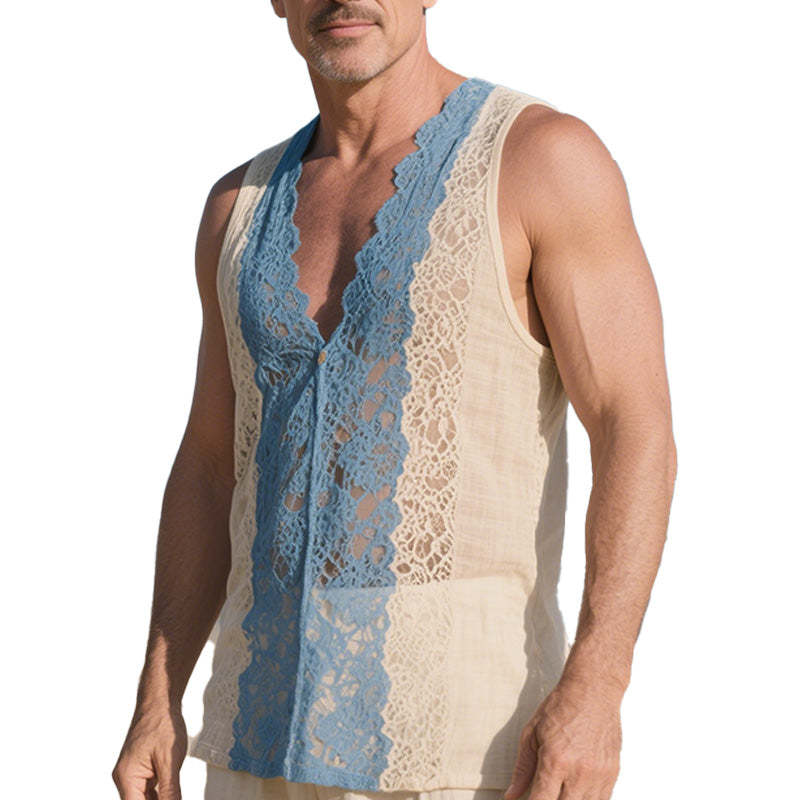 Herren Frühlingsmode Spitze Spleißen Dünnes Tank Top