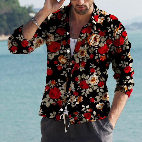 Men's Vintage Floral Print Lapel Long Sleeve Shirt