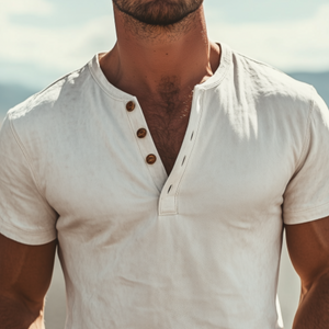 Men's Classic American Vintage Henley Collar Suede Short Sleeve T-Shirt