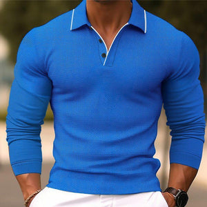 Polo de manga larga ajustado con solapa de color liso para hombre