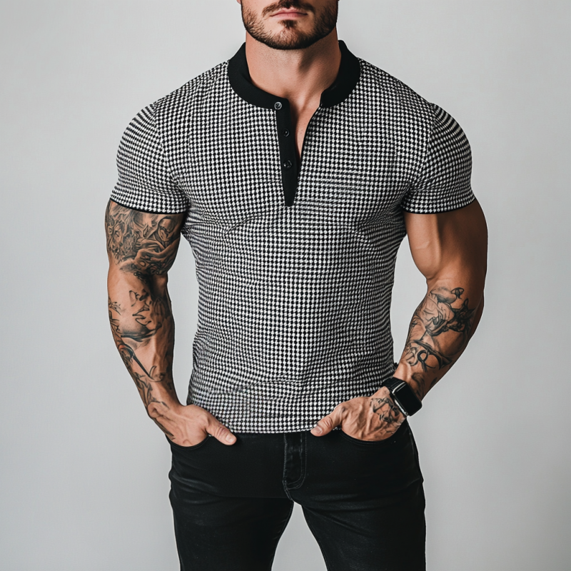 Herren-T-Shirt mit Retro-Hahnentrittmuster und Patchwork-Henry-Kragen, schmale Passform, kurzärmelig