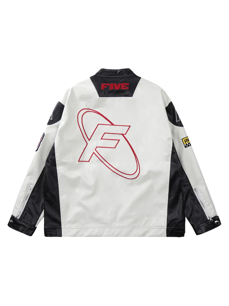 Motorcycle Colorblock PU Leather Varsity Jacket