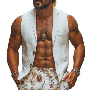 Weiße Herrenmode-Leinenweste mit Anzugkragen