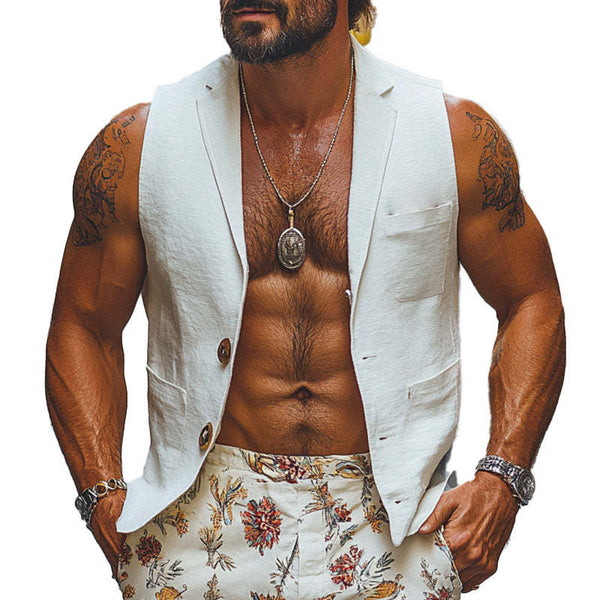 Men's White Fashion Suit Collar Linen Vest