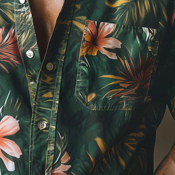 Camisa deportiva informal de manga corta de algodón y lino con estampado retro de primavera para hombre