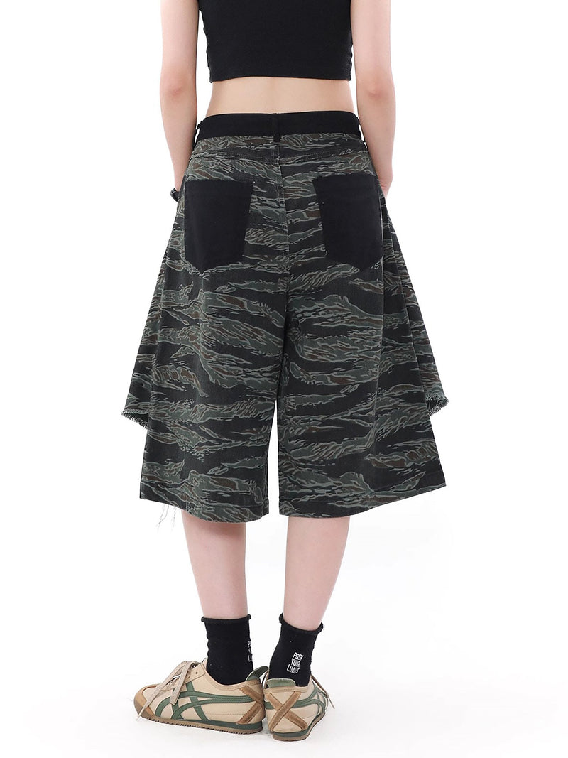 High Street Patchwork Camouflage Contrast Denim Jorts