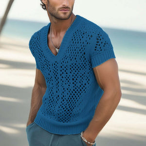 Camiseta de punto de malla transpirable con cuello en V de moda de verano para hombre