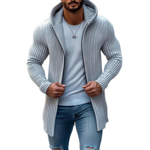 Modische Herren-Strickjacke mit Kapuze, einfarbig, gestreift, langen Ärmeln und mittlerer Länge