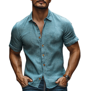 Camisa informal de manga corta con solapa de algodón y lino para hombre
