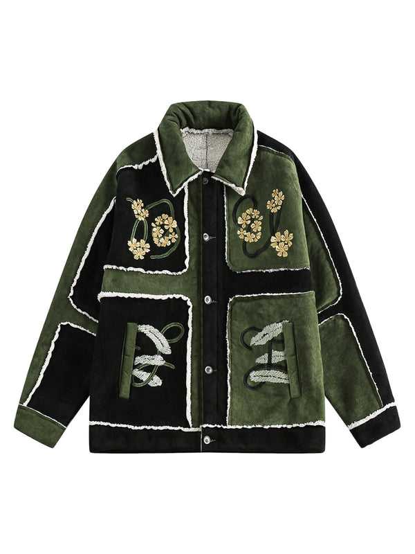 Floral Embroidered Suede Fleece Jacket