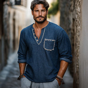 Camiseta informal de manga larga con cuello en V azul marino retro para hombre