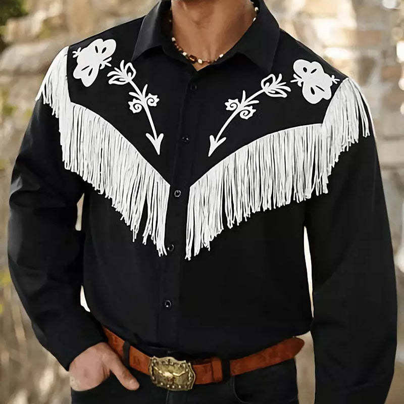 Men's Black Embroidered Tassel Long-sleeved Shirt