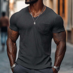 Camiseta informal de algodón acanalado para hombre, cuello en V, corte entallado y manga corta