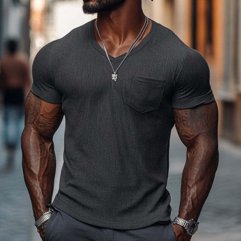 Men's Casual Ribbed Cotton Blend V-neck Slim Fit Short-sleeved T-shirt