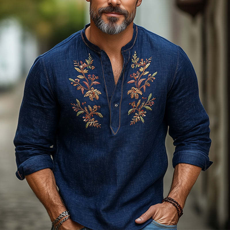 Camiseta de manga larga bordada vintage de algodón y lino azul marino para hombre