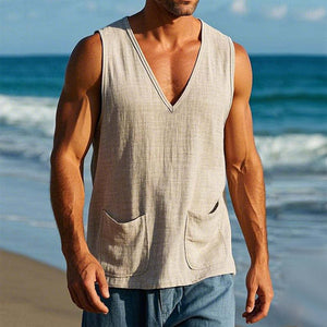 Men's Retro Casual Linen Solid Pocket V-Neck Tank Top