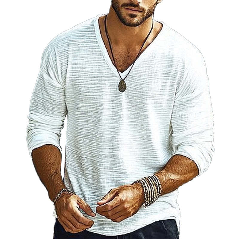 Camiseta de manga larga texturizada con cuello en V holgado para hombre