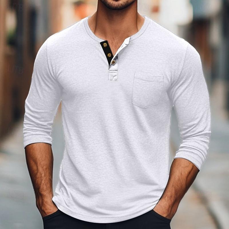 Men's Solid Color Button Round Neck Long Sleeve T-Shirt