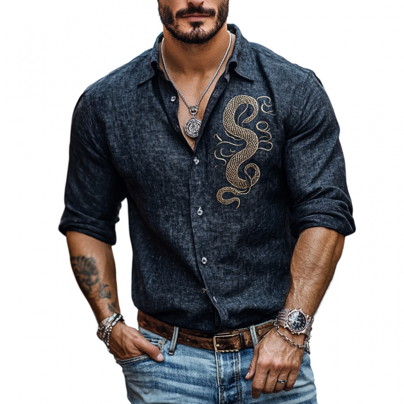Camisa informal de lino con bordado de serpiente y solapa ajustada de manga larga para hombre