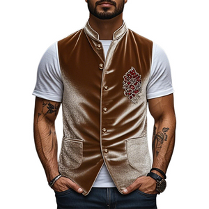 Men's Spring Fashion Retro Embroidered Velvet Slim Stand Collar Vest