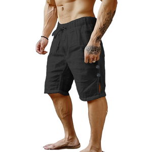 Pantalones cortos con botones de color liso de algodón y lino para hombre