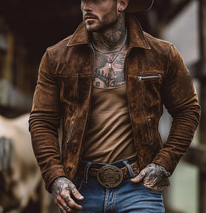 Men's Solid Suede Zippered Chest Pocket Lapel Jacket