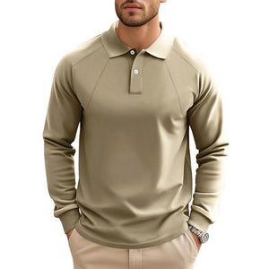 Polo informal de manga larga raglán con solapa de color liso para hombre