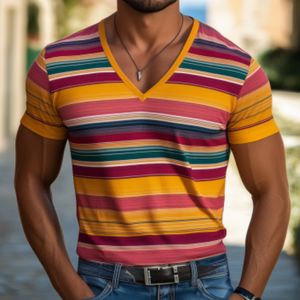 Camiseta informal de algodón a rayas en contraste, cuello en V y manga corta para hombre