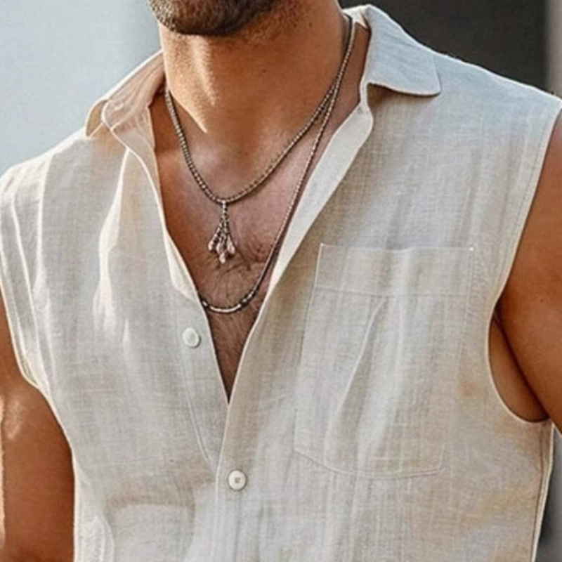 Men's Casual Linen Lapel Sleeveless Shirt Elastic Waist Loose Shorts Set