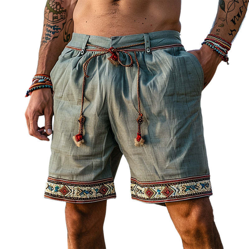Pantalones cortos de algodón y lino con bordado retro de verano para hombre